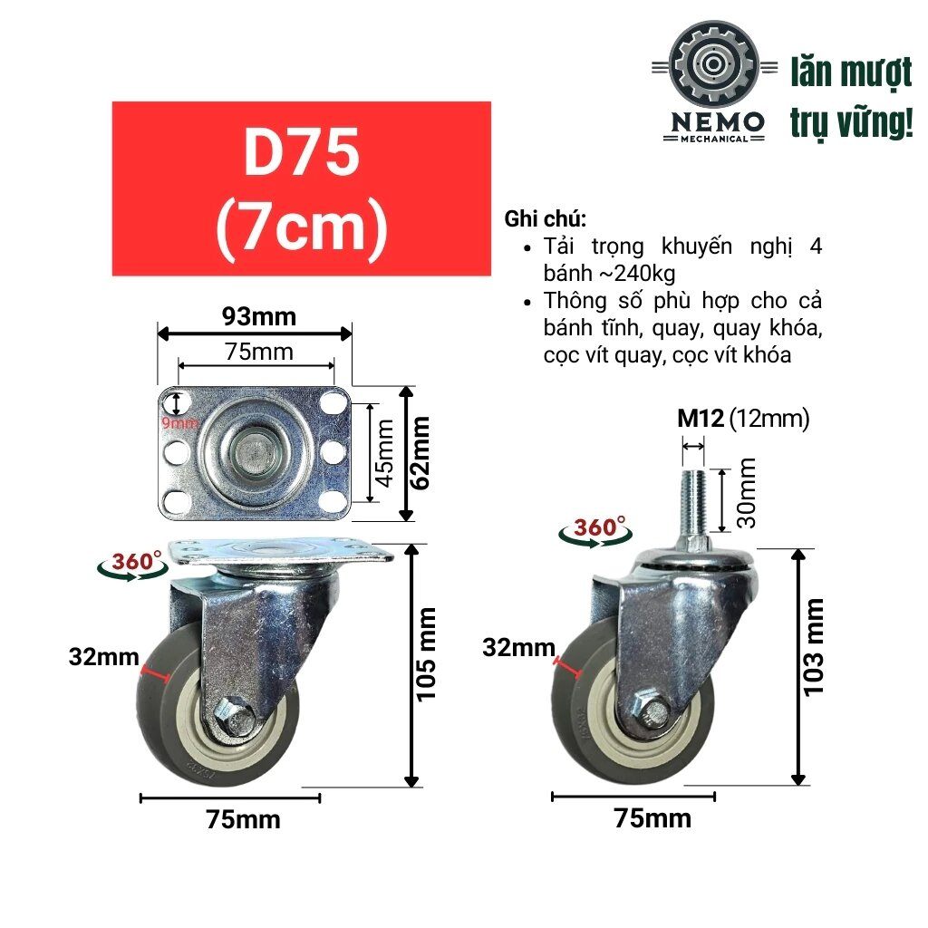 Bánh xe cao su TPR, giảm ồn hiệu quả dùng cho thiết bị y tế, nội thất di động tải trọng 80-100kg